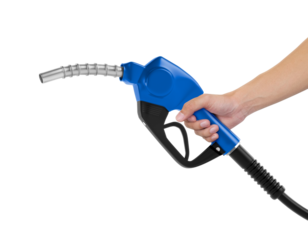 Hands holding Fuel blue nozzle, transparent background