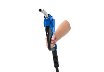 Hands holding Fuel blue nozzle, transparent background