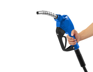Hands holding Fuel blue nozzle, transparent background