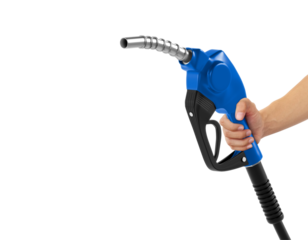 Hands holding Fuel blue nozzle, transparent background
