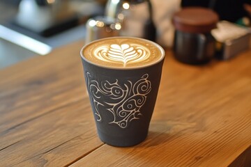 Coffee Cup with Beautiful Latte Art on Wooden Table