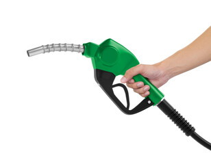 Hands holding Fuel green nozzle, transparent background