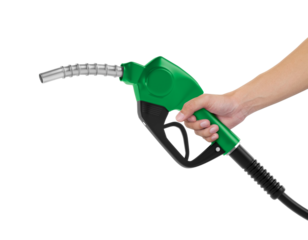 Hands holding Fuel green nozzle, transparent background