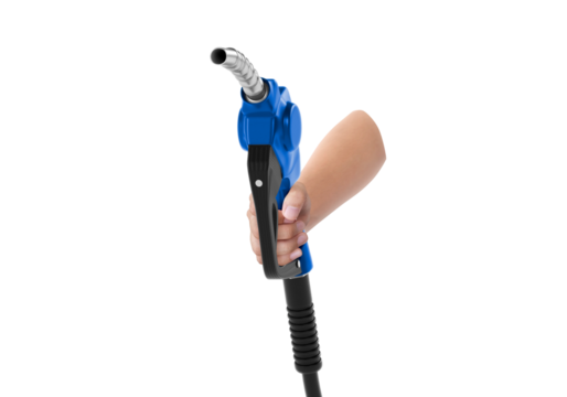 Hands holding Fuel blue nozzle, transparent background