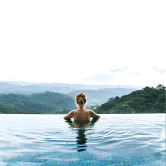 young beautiful woman enjoying summer vacation in infinity luxury swimming pool with a white accent, text area, png