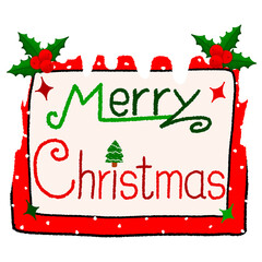 The words Merry Christmas have a background decorated with snow and holly
