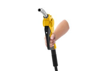 Hands holding Fuel yellow nozzle, transparent background