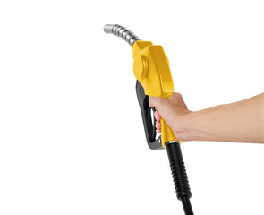 Hands holding Fuel yellow nozzle, transparent background