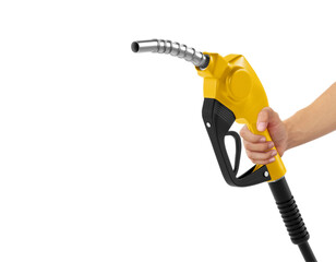 Hands holding Fuel yellow nozzle, transparent background