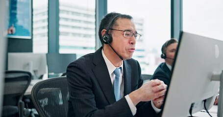 Asian man, consultant or call center with headphones for customer service or telemarketing at office. Businessman, japanese broker or agent consulting on technology for financial advice, tips or help