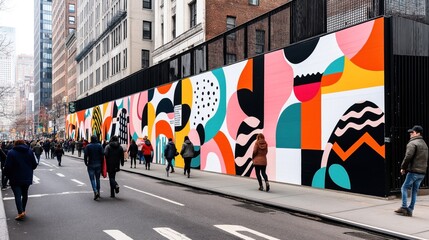 Urban scene with abstract colorful mural on large wall with pedestrians walking in a city street lined with tall buildings and bare trees.