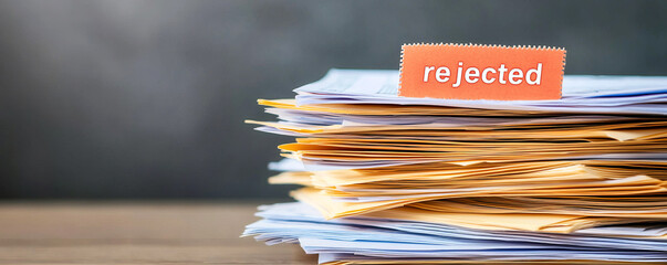 A stack of papers with a prominent "rejected" label, symbolizing denial or disapproval in applications or submissions.