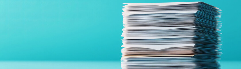 A neat stack of papers rests on a table against a blue background, showcasing organization and simplicity in a professional setting.