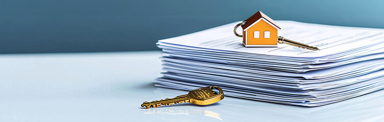 A stack of documents with house keys and a house icon, symbolizing real estate transactions and home ownership.