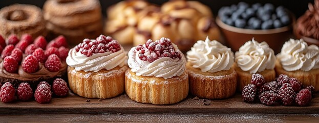 Assorted pastries with fresh berries on wooden table.