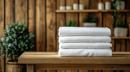 Stack of clean white towels on wooden table.