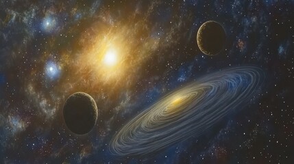 Vibrant nebula with bright star and planets.