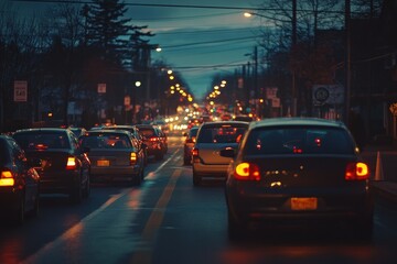 Fototapeta premium Evening Traffic on City Street with Cars and Light