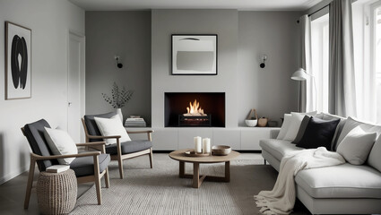 Scandinavian Living Room with Cozy Fireplace and Minimalist Decor, Creating Inviting Space for Relaxation and Comfort.