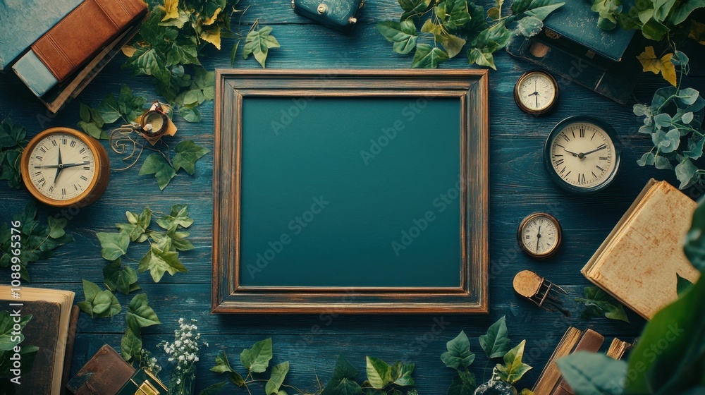 Aufkleber a rustic frame surrounded by books, clocks, and greenery on a wooden table.