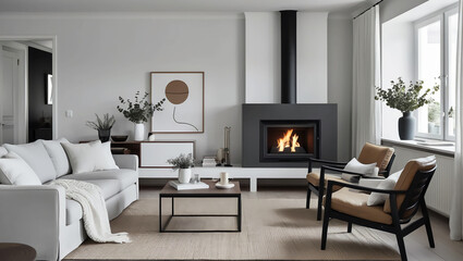 Fototapeta premium Scandinavian Living Room with Cozy Fireplace and Minimalist Decor, Creating Inviting Space for Relaxation and Comfort.
