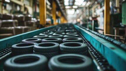 Obraz premium Conveyor belt displays rubber products being moved toward packaging in a busy factory process