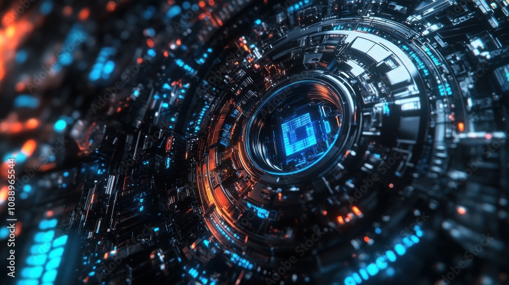 Poster a futuristic, abstract digital design featuring intricate circuits and glowing elements.