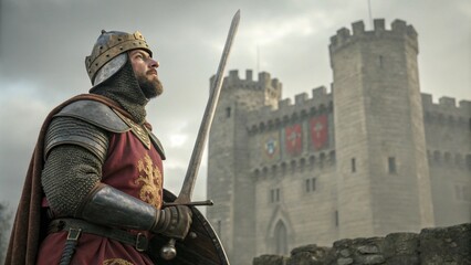 A medieval image of William the Conqueror, dressed in armor, holding a sword, with a medieval castle in the background