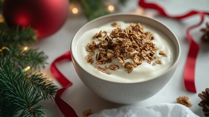 Ceramic bowl yogurt granola and nuts, plain table christmas tree ornament lights red ribbon cinnamon stick, clean minimalist cozy winter breakfast Christmas atmosphere
