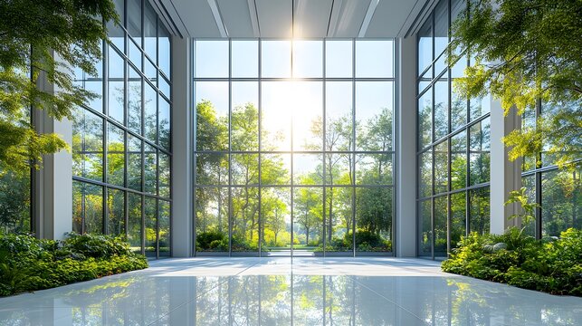 Modern glass office building featuring sunlit atrium with indoor trees, sustainable architecture with floor-to-ceiling windows and natural daylight streaming through.