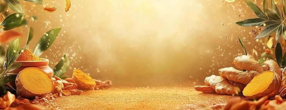 Turmeric and ginger with green leaves on textured background.