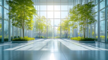 Modern glass office building featuring sunlit atrium with indoor trees, sustainable architecture with floor-to-ceiling windows and natural daylight streaming through.