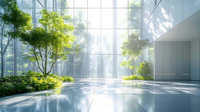 Modern glass office building featuring sunlit atrium with indoor trees, sustainable architecture with floor-to-ceiling windows and natural daylight streaming through.
