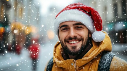 Fototapeta premium joyful handsome white caucasian man in santa claus hat outside on city. copy space. man in new year christmas hat on winter city bokeh background