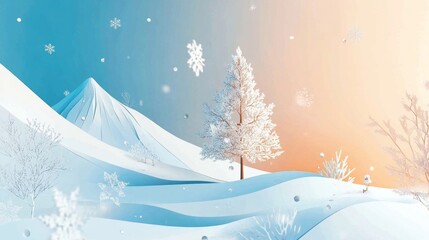 abstract background made from paper cut. Copy space over paper. paper layer shape are snowflakes, larch tree and snow, snowflakes with snow mountain in background, in winter season concept high detail