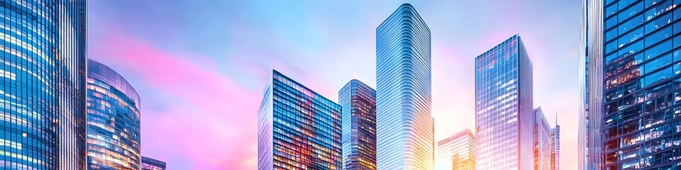 Fototapeta premium A vibrant cityscape of California at dusk, showcasing the iconic landmark with high-rise buildings . The sky is painted with hues of blue and purple as the sun sets behind them, casting long shadows