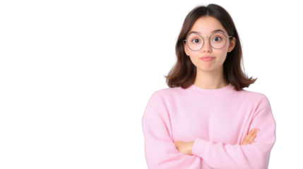 A young woman with glasses crossing her arms, looking thoughtful. Transparent background.