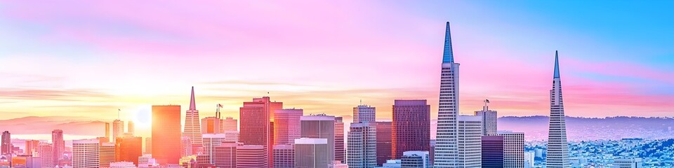Fototapeta premium A vibrant cityscape of California at dusk, showcasing the iconic landmark with high-rise buildings . The sky is painted with hues of blue and purple as the sun sets behind them, casting long shadows