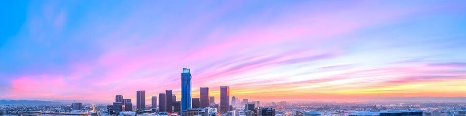 Fototapeta premium A vibrant cityscape of California at dusk, showcasing the iconic landmark with high-rise buildings . The sky is painted with hues of blue and purple as the sun sets behind them, casting long shadows