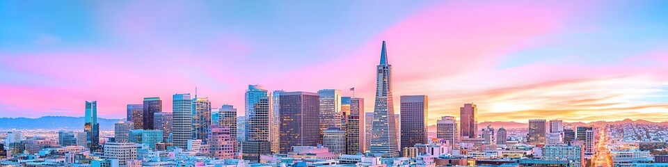 A vibrant cityscape of California at dusk, showcasing the iconic landmark with high-rise buildings . The sky is painted with hues of blue and purple as the sun sets behind them, casting long shadows