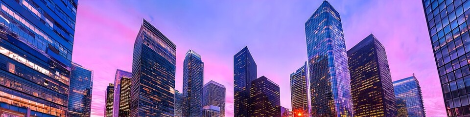 Fototapeta premium A vibrant cityscape of California at dusk, showcasing the iconic landmark with high-rise buildings . The sky is painted with hues of blue and purple as the sun sets behind them, casting long shadows