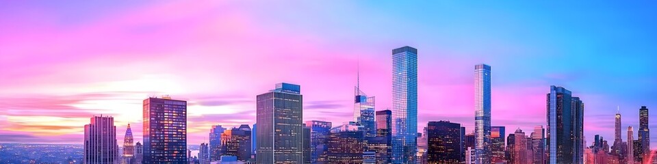 Obraz premium A vibrant cityscape of New York at dusk, showcasing the iconic landmark with high-rise buildings . The sky is painted with hues of blue and purple as the sun sets behind them, casting long shadows on