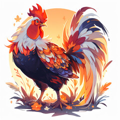 cartoon illustration of a red rooster standing proudly, rooster logo image, cartoon chicken image for children's books, clip art, isolated by white background