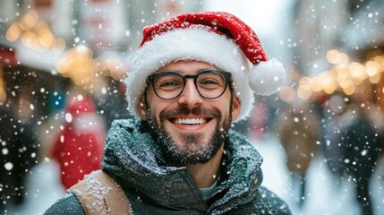 joyful handsome white caucasian man in santa claus hat outside on city. copy space. man in new year christmas hat on winter city bokeh background
