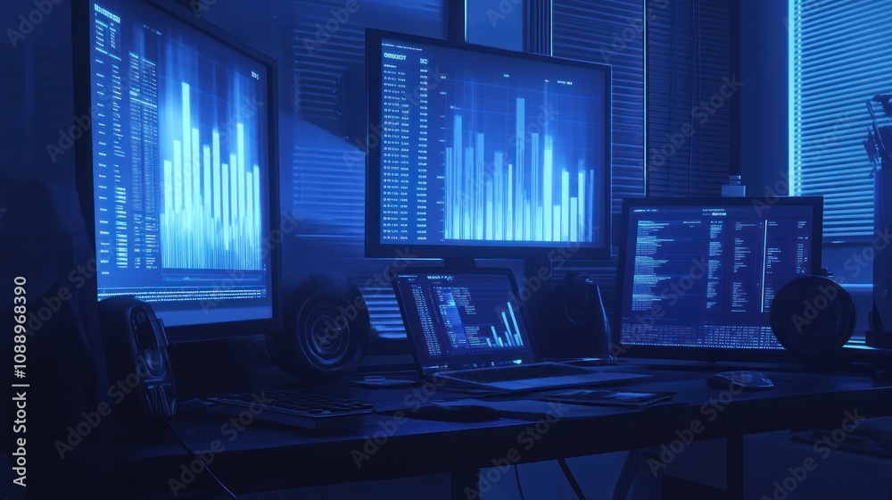 Poster A dimly lit workspace featuring multiple screens displaying data visualizations.