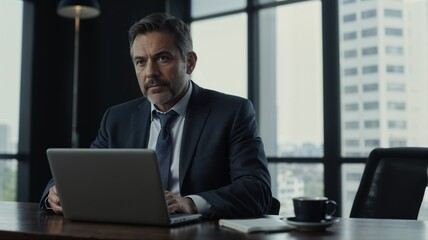 Busy serious middle aged professional business man financial investor, 50 year old senior businessman executive wearing suit using laptop computer working on investment project sitting at office desk.
