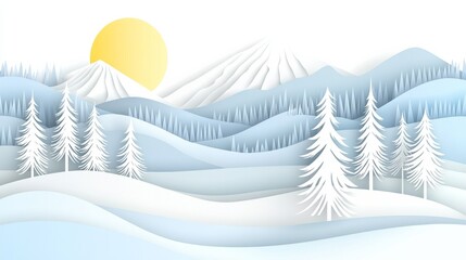 abstract background made from paper cut. Copy space over paper. paper layer shape are snowflakes, larch tree and snow, snowflakes with snow mountain in background, in winter season concept high detail