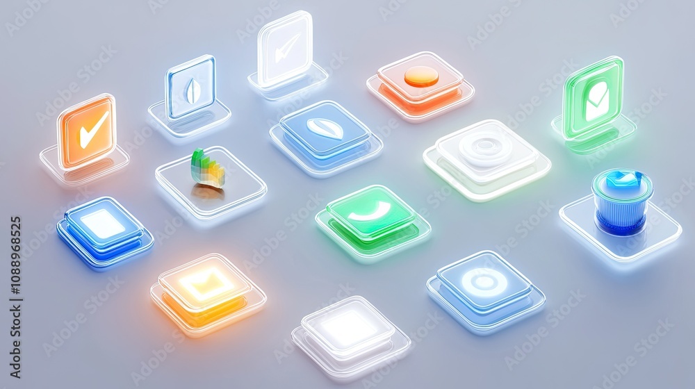 Poster glowing glass squares displaying various app icons