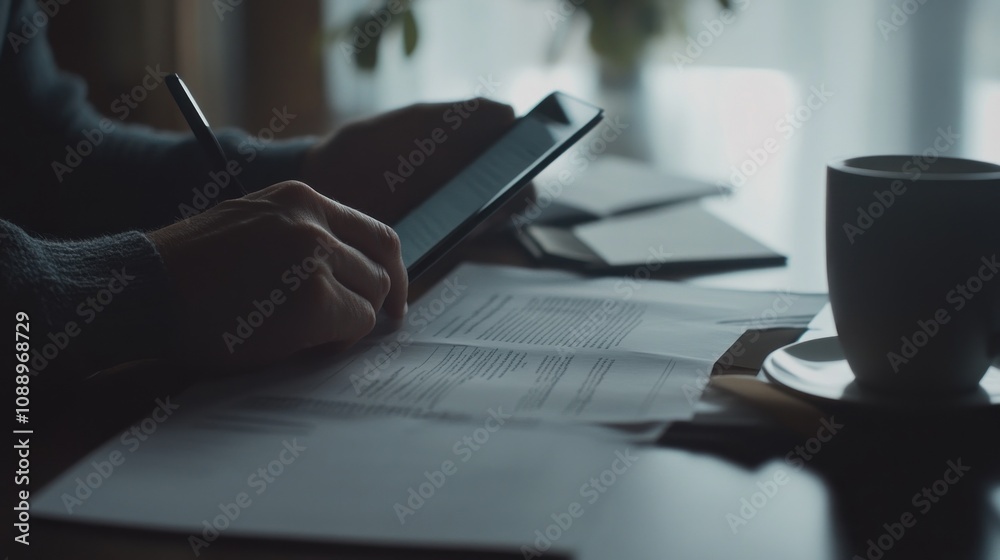 Poster A person using a tablet while reviewing documents and enjoying a cup of coffee.