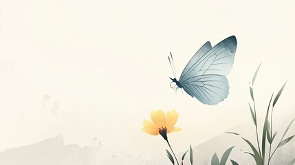 A minimalist depiction of a butterfly, lightly colored in soft blues and yellows, flying near a delicate, lightly outlined flower.,generative ai